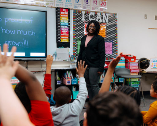 Teacher standing in front of class with hands raised.