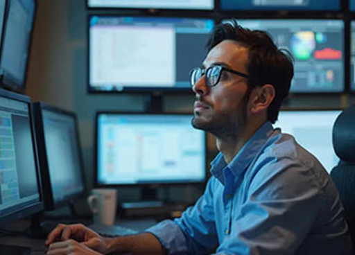Man at computer with many monitors around.