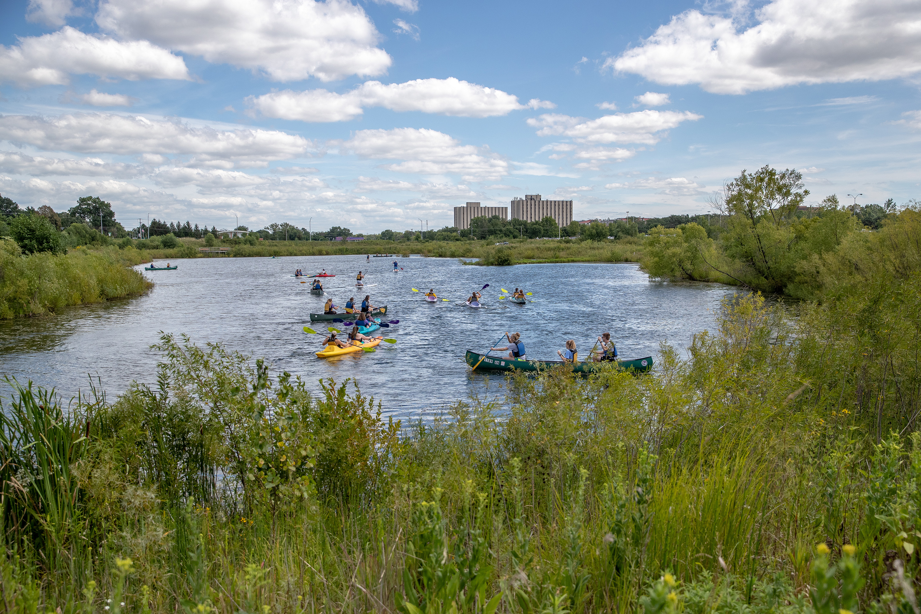 UNI students participating in water recreation next to campus